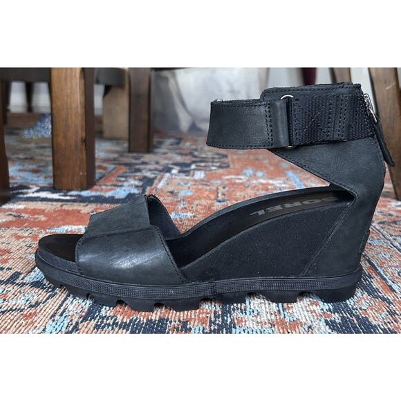 SOREL Women's Joanie II Ankle Strap Black Leather Wedge Sandals Size 8 - Picture 10 of 11